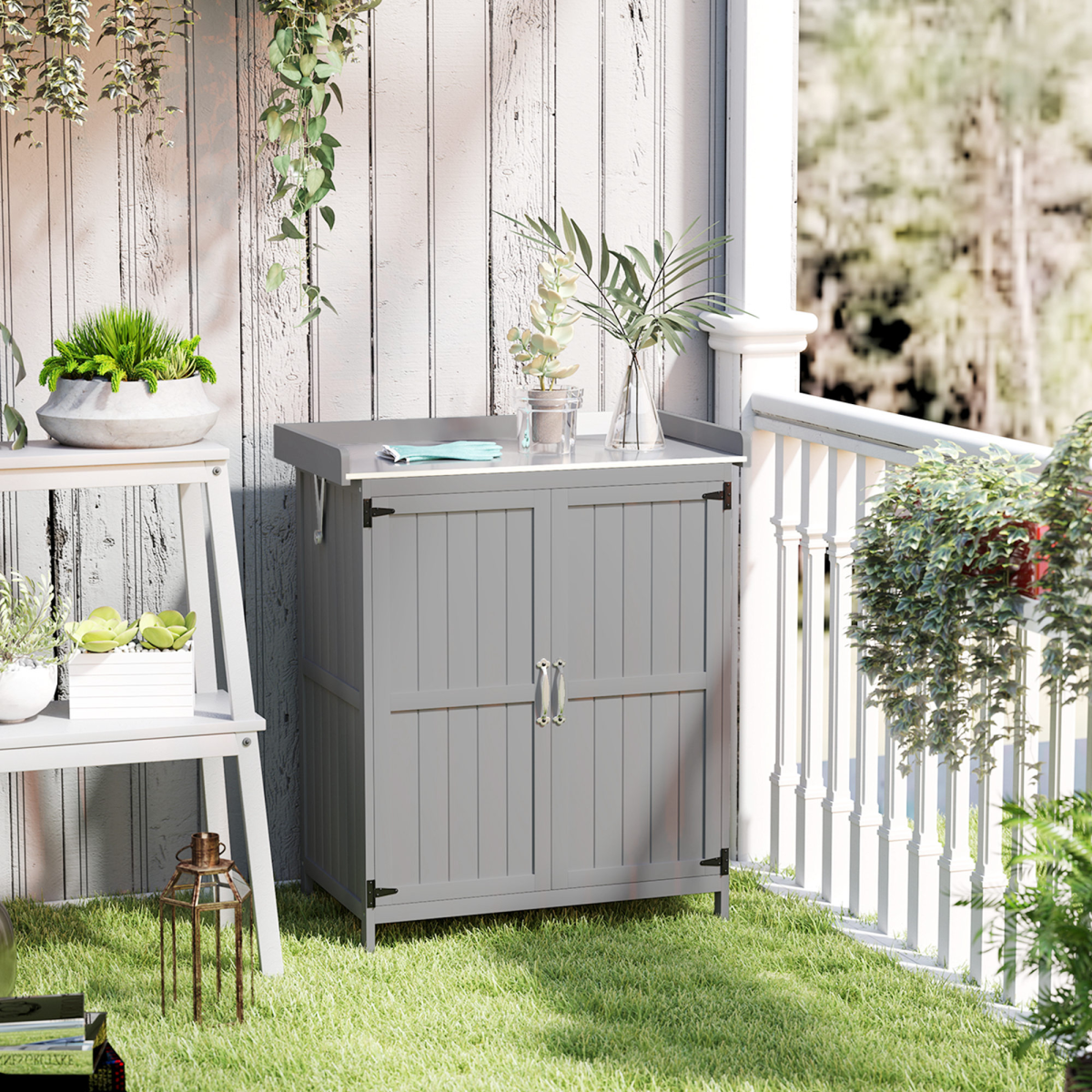 Outsunny Garden Storage Bench with Stainless Steel Worktop, Double Doors & Inner Shelves – Grey Fir Wood Cabinet