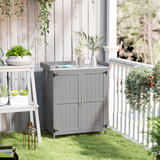 Outsunny Garden Storage Bench with Stainless Steel Worktop, Double Doors & Inner Shelves – Grey Fir Wood Cabinet