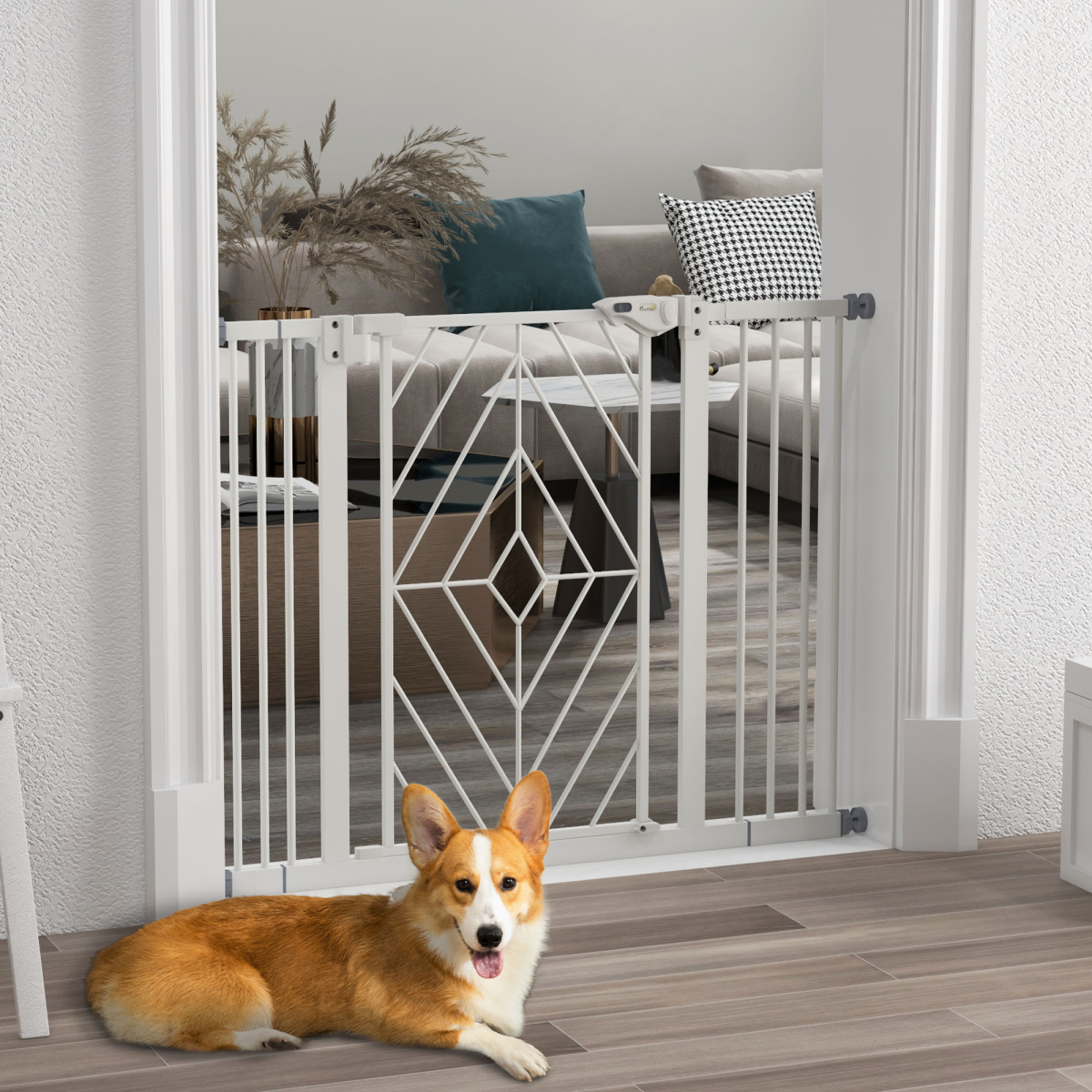 PawHut Pressure Fit Pet Safety Gate with Auto-Close Door & Double Lock, 74–100cm – Steel Dog Stair Gate, White