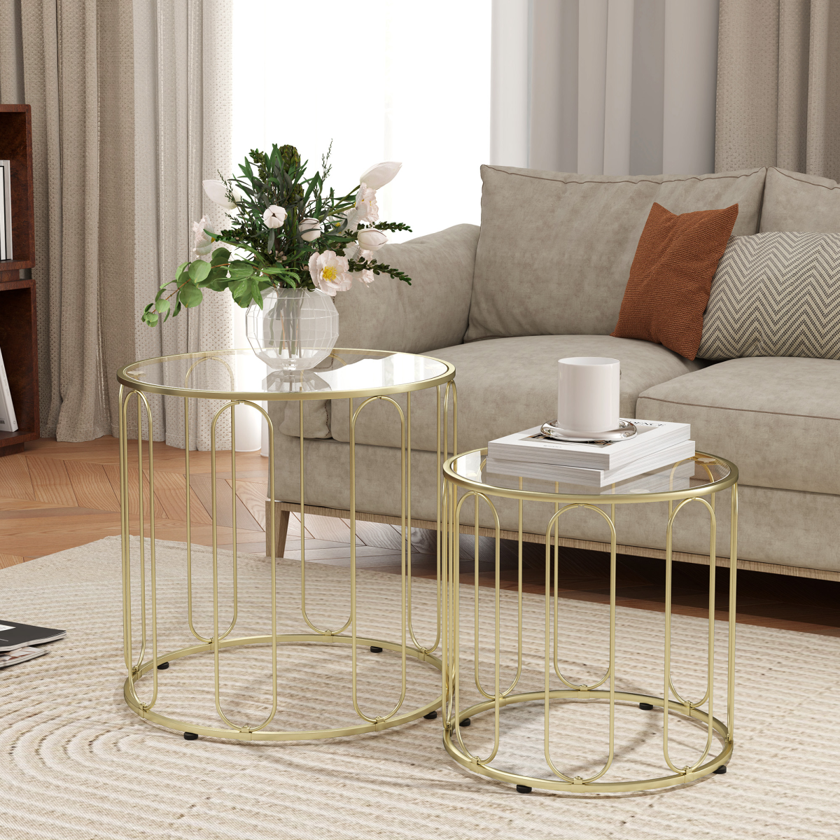HOMCOM Coffee Table Set of 2 with Tempered Glass Tops – Nesting Tables with Geometric Metal Frame, Gold Tone