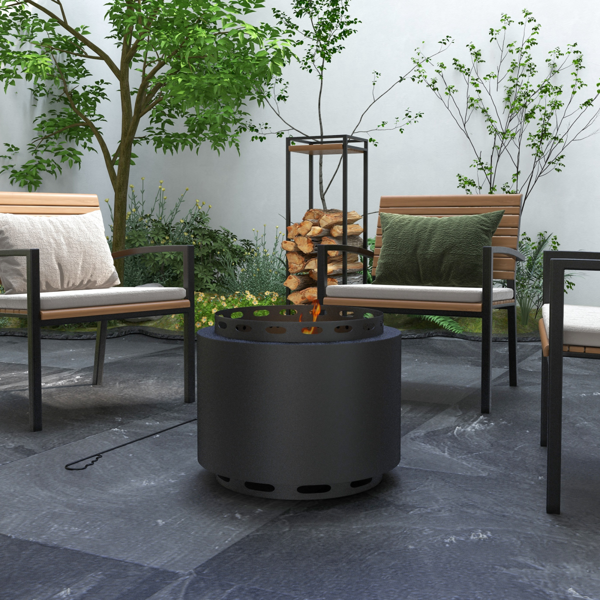Outsunny 48.5cm Smokeless Wood Burning Fire Pit with Poker – Black Metal Outdoor Fireplace for Patio & Garden