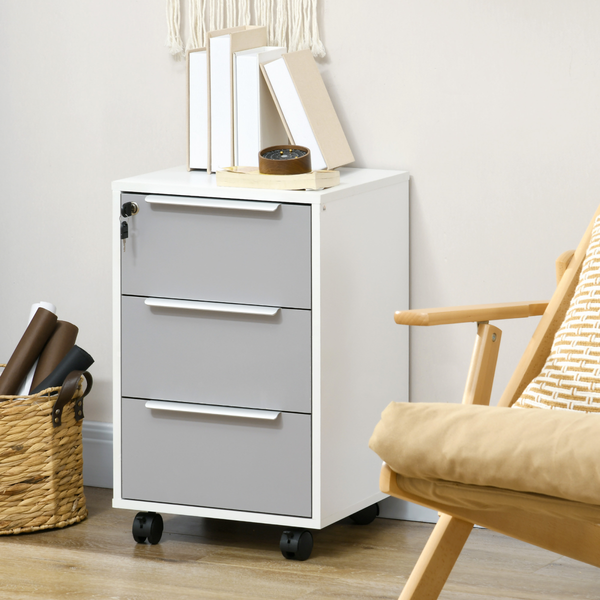 HOMCOM 3-Drawer Mobile File Cabinet with Central Lock and Swivel Casters – Home Office Storage Chest