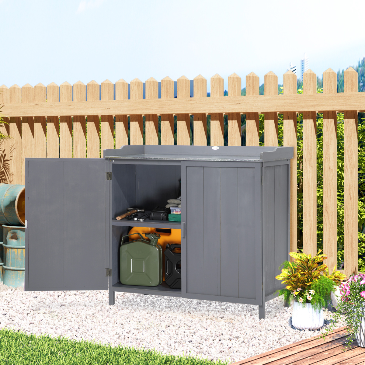 Outsunny Potting Bench Storage Cabinet with Galvanised Worktop & Magnetic Doors – Fir Wood Workstation, Grey