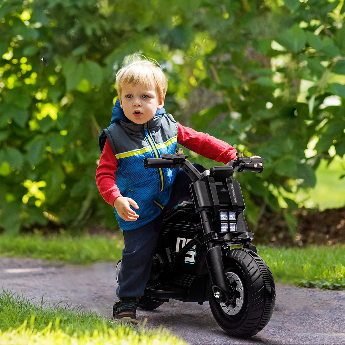 6V Kids Electric Motorbike with Training Wheels – Ride-On Toy with Horn, Siren, Music & Headlights for 3-5 Years, Black