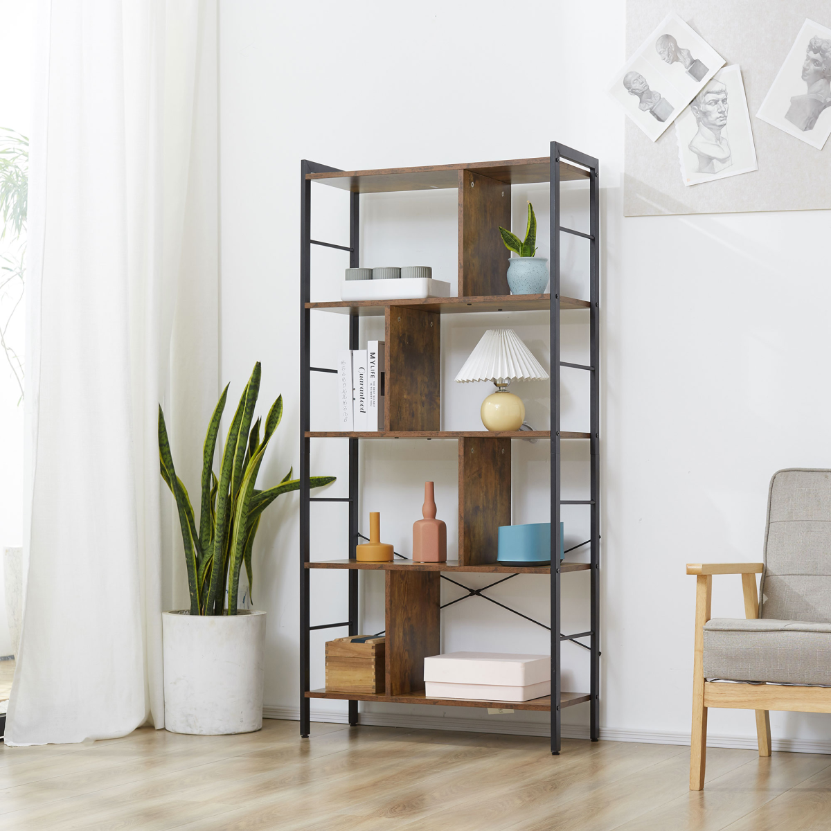 Industrial 5-Tier Storage Shelf Bookcase with Metal Frame – Floor Standing Display Rack, Brown and Black