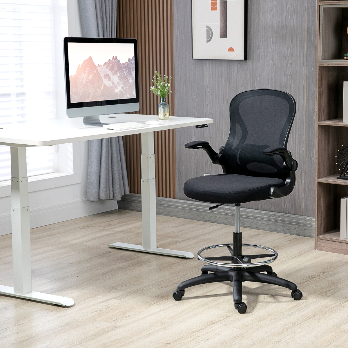 Vinsetto Tall Draughtsman Chair with Flip-Up Arms & Footrest Ring – Drafting Stool, Black