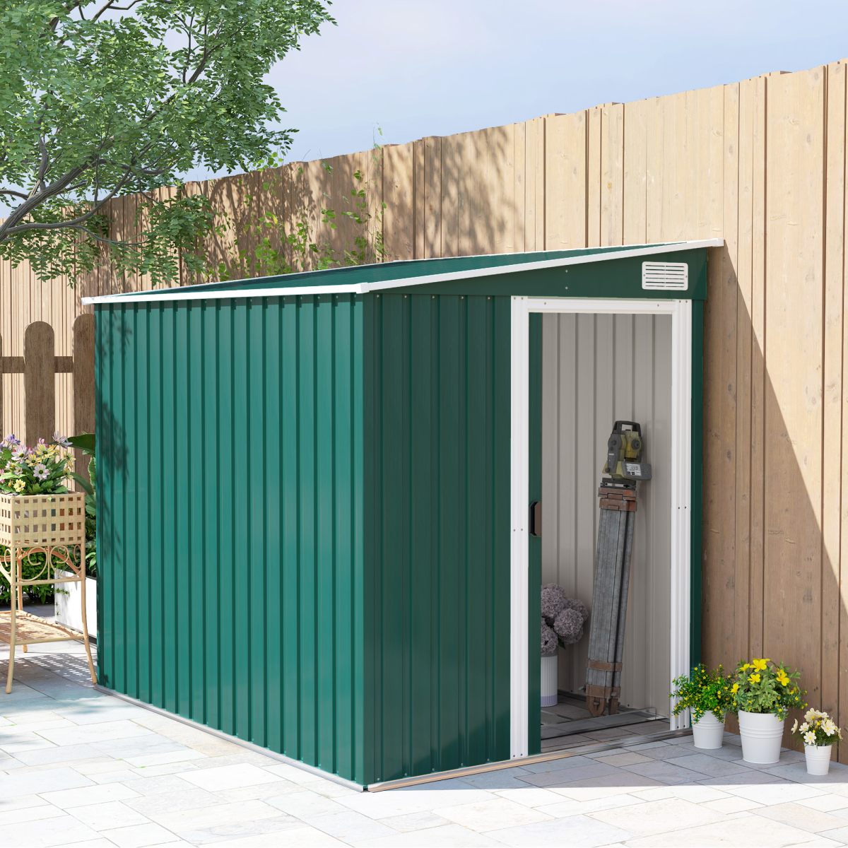 Outsunny 7 x 5ft Lean-To Galvanised Steel Garden Shed with Foundation & Sliding Door – Tool Storage, Green
