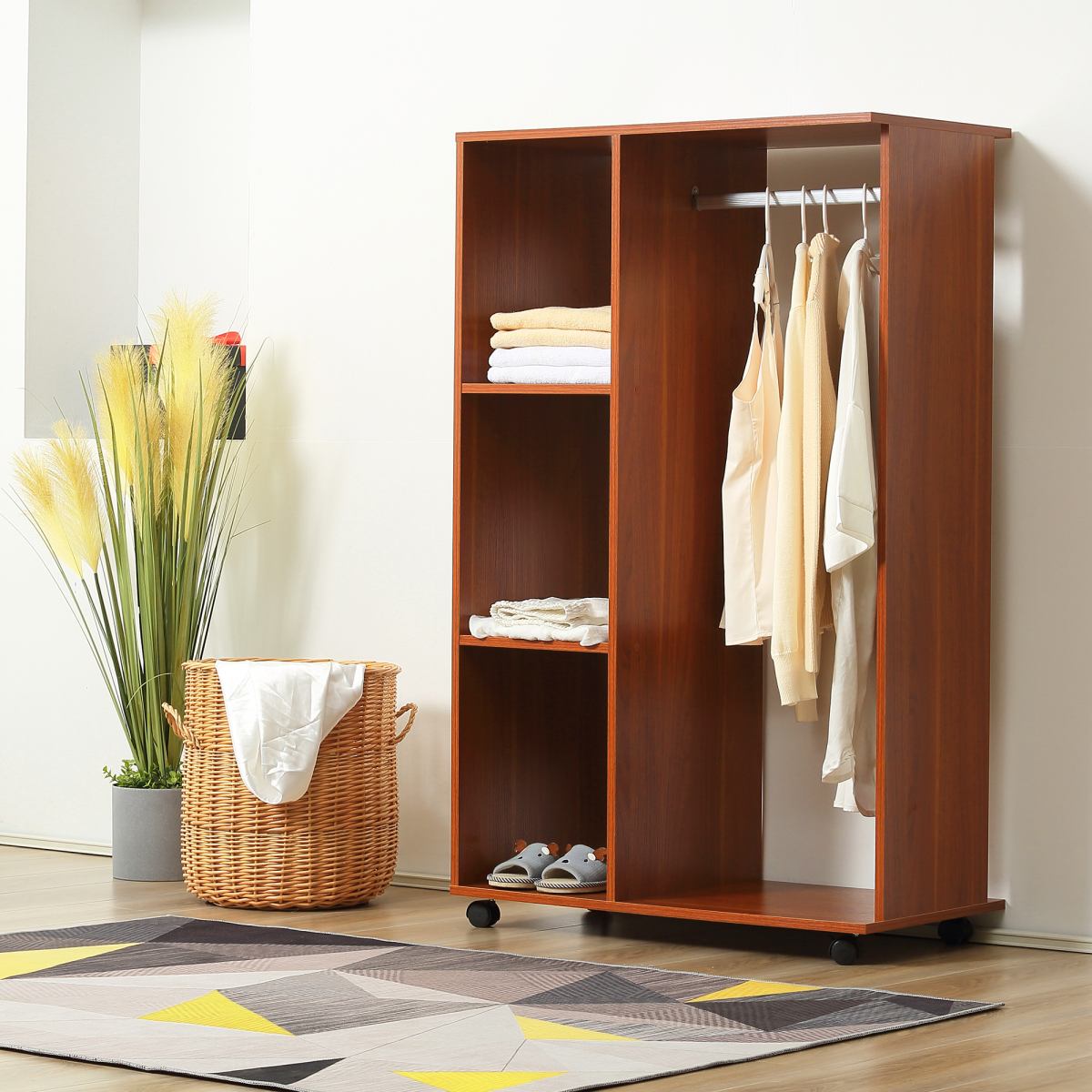 HOMCOM Open Wardrobe with Hanging Rail, 3 Cubbies and Wheels – Mobile Bedroom Storage, Walnut