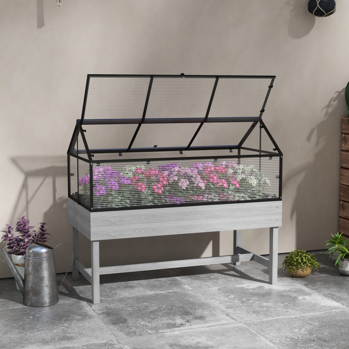 Outsunny Raised Garden Bed with Polycarbonate Greenhouse Cover & Two Flip-Up Vents – Steel & Fir Wood, Grey