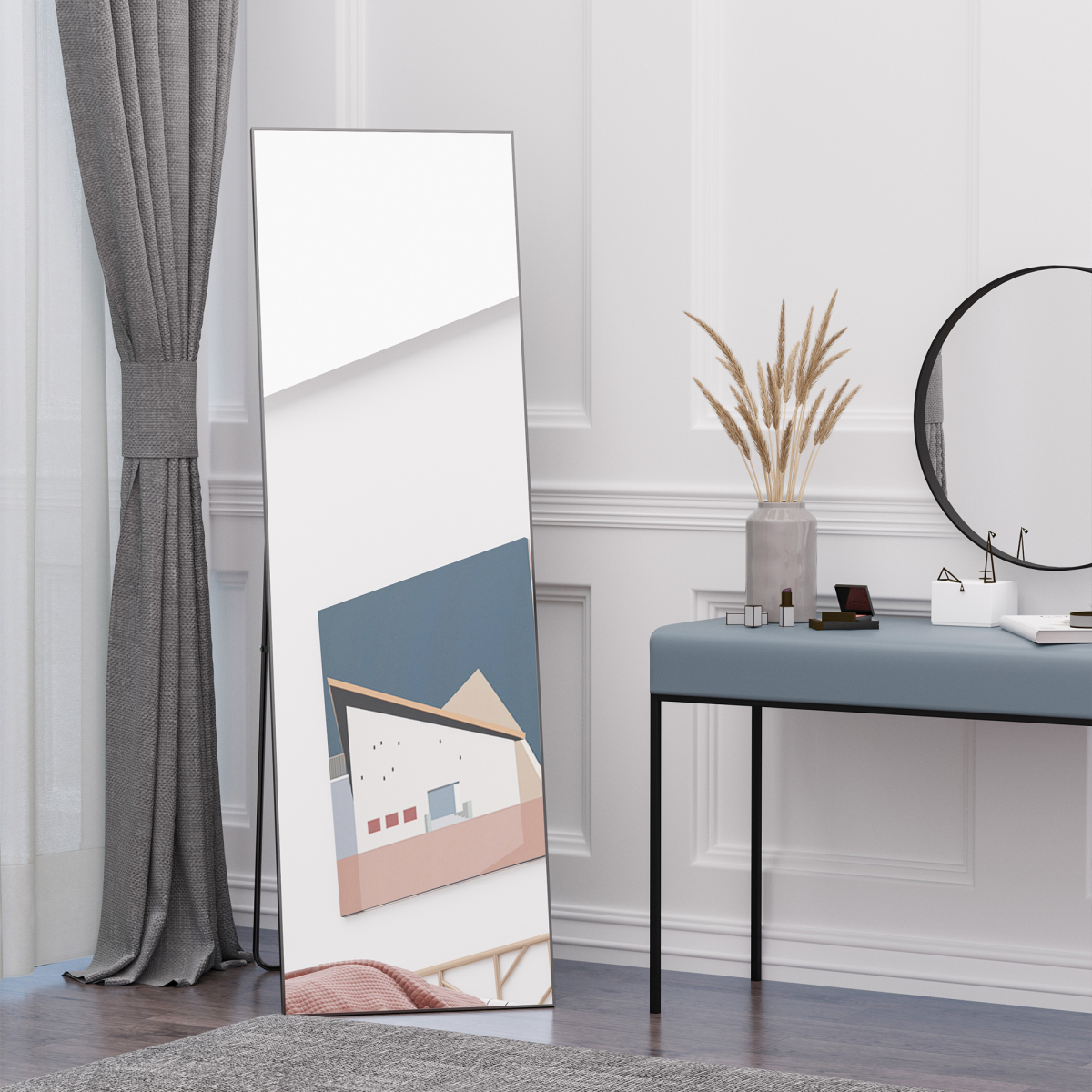 HOMCOM Full Length Mirror 160 x 48.5cm – Floor Standing or Wall Mounted Dressing Mirror, Black Aluminium Frame