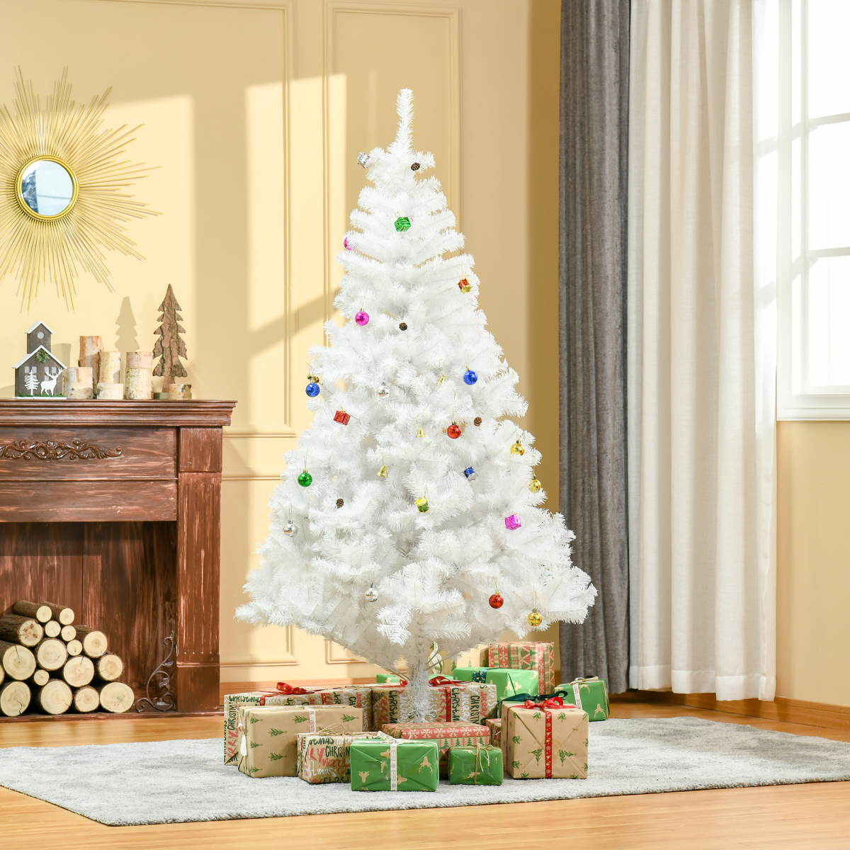 HOMCOM 6ft Artificial Snow Christmas Tree with Metal Stand and Decorations – Elegant Faux White Tree