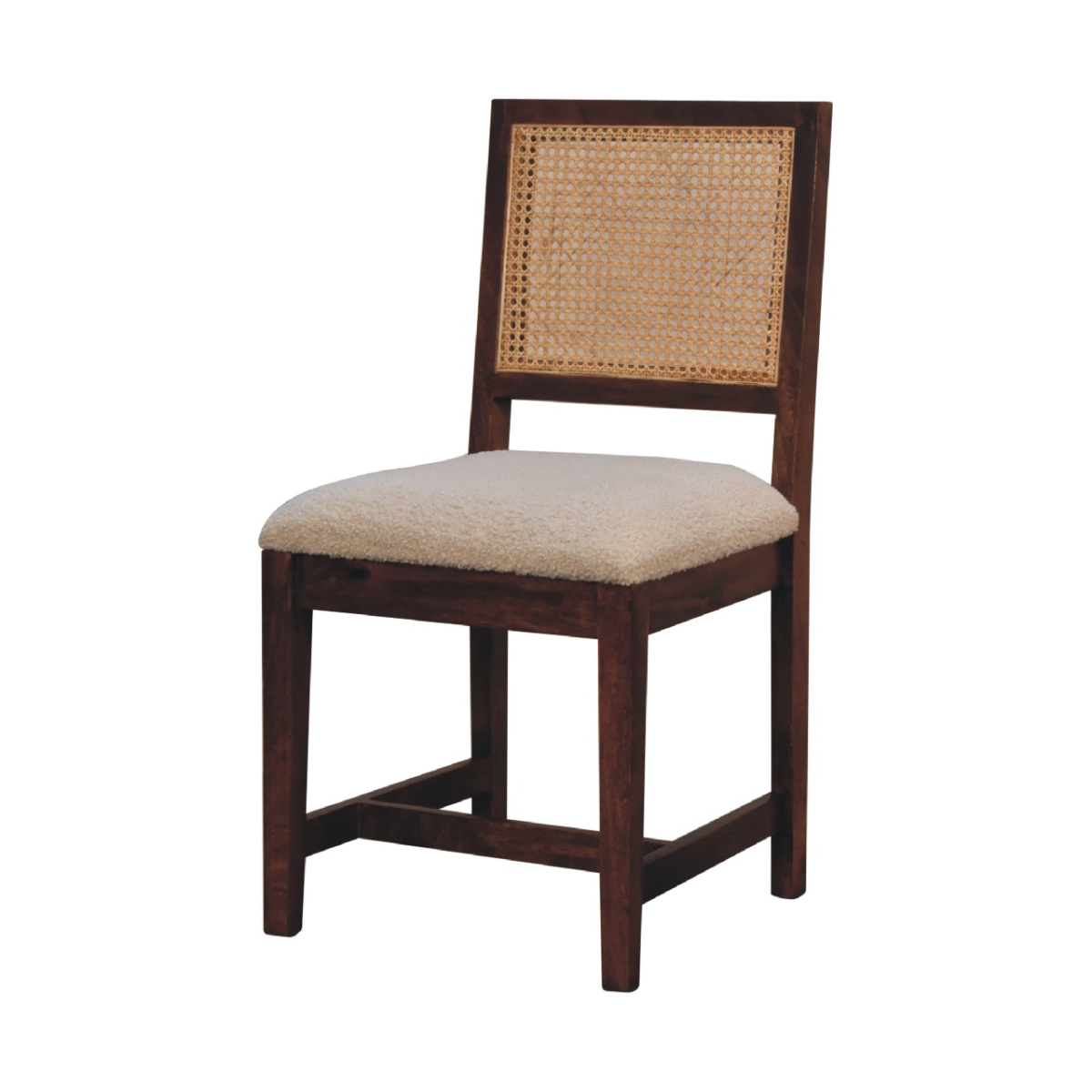 Artisan Furniture Boucle Upholstered Chair with Rattan Back & Solid Mango Wood Frame – Cream and Brown