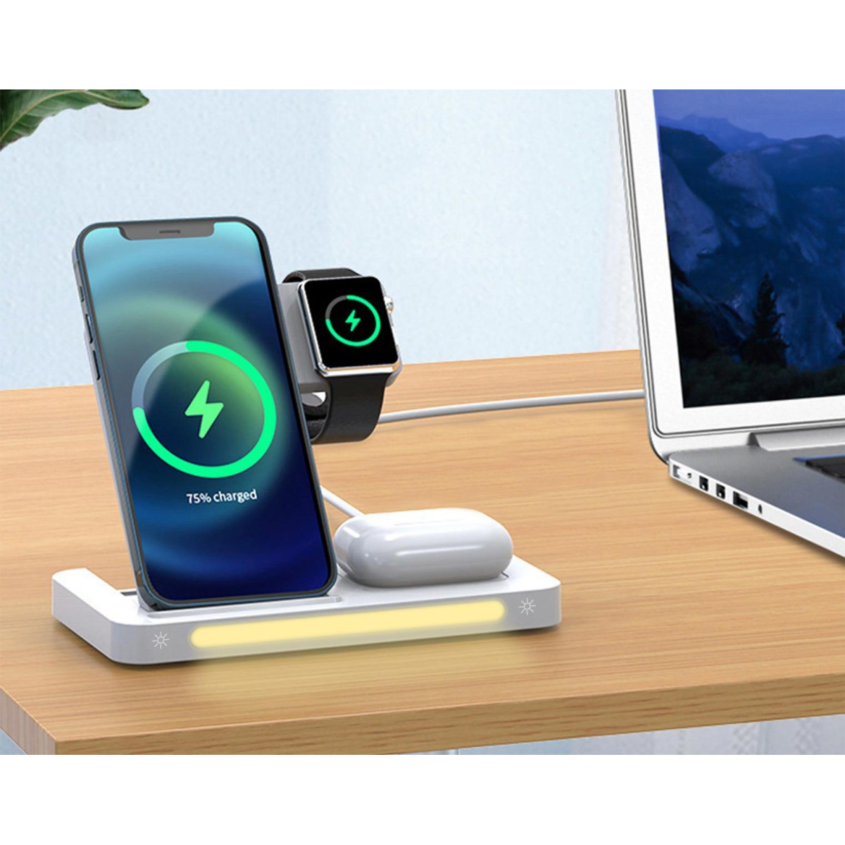 WYEFLUX 15W 3-in-1 Wireless Charging Stand with LED Light – Fast Charger for Phone, Watch and Earbuds, White