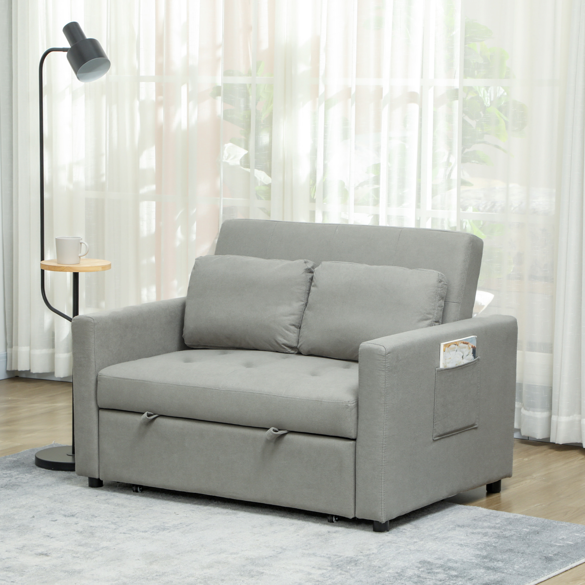 HOMCOM Click-Clack 2 Seater Sofa Bed with Cushions & Side Pockets – Space-Saving Guest Bed, Grey