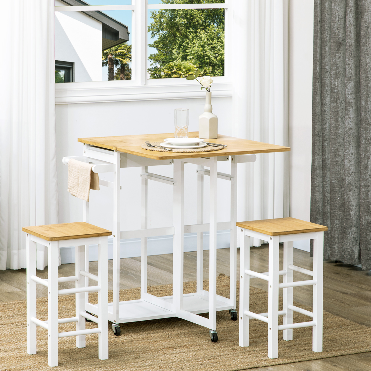 HOMCOM Bamboo Breakfast Cart Set with Drop Leaf Table & 2 Stools – Compact Kitchen Dining Set