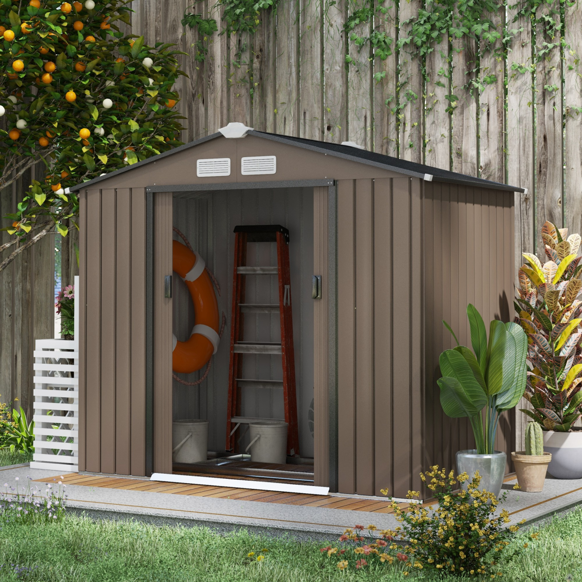 Outsunny Galvanised Steel Corner Garden Shed with Lockable Double Doors, Vents & Floor Foundation – Tool Storage, Brown