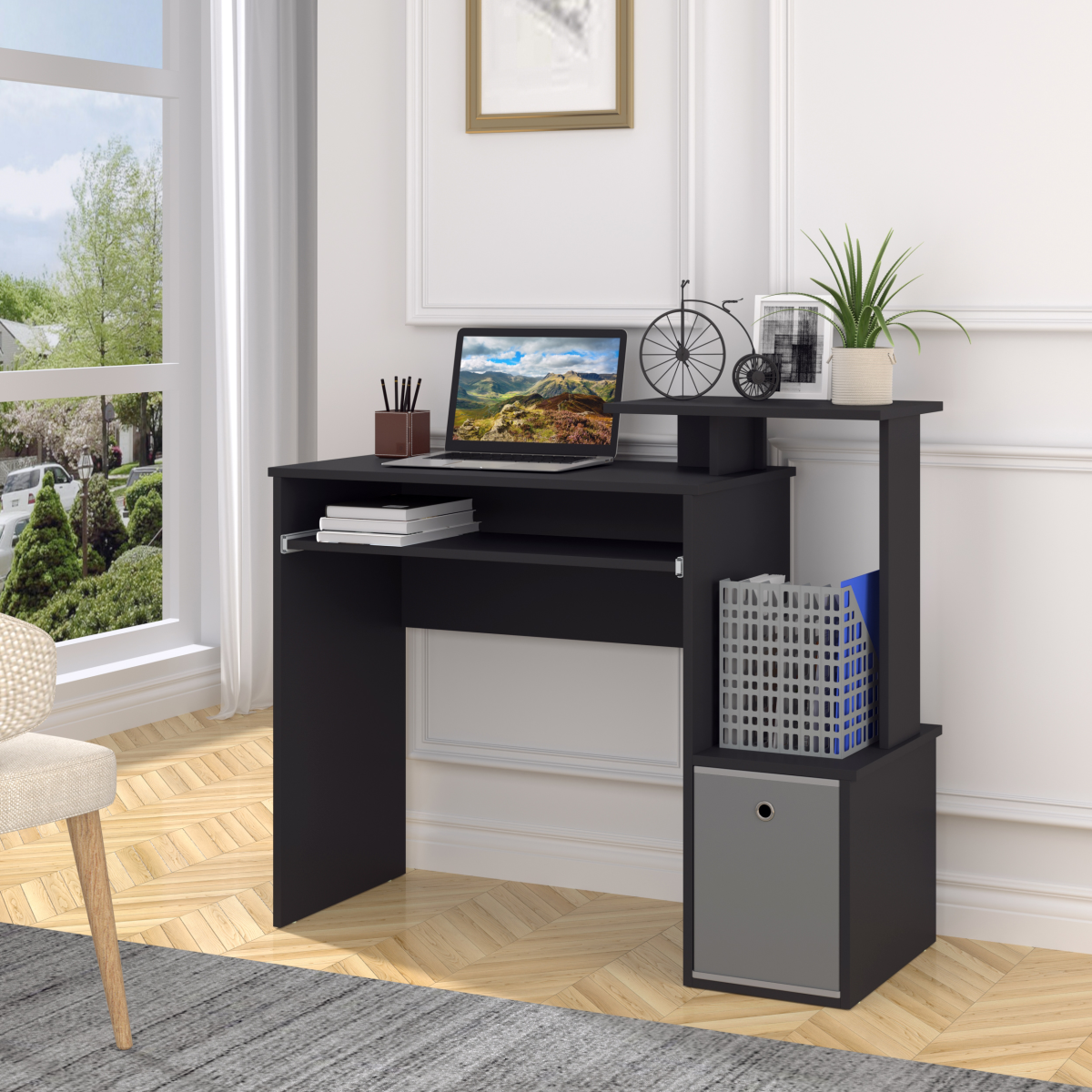 HOMCOM Computer Desk with Sliding Keyboard Tray, Drawer & Shelf – Compact Home Office Workstation, Black