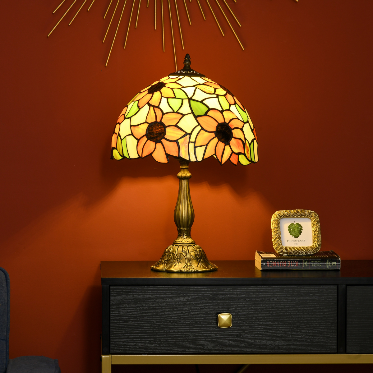HOMCOM Antique Stained Glass Table Lamp with E27 Fitting – Sunflower Bedside Lamp for Bedroom, Multi-Coloured