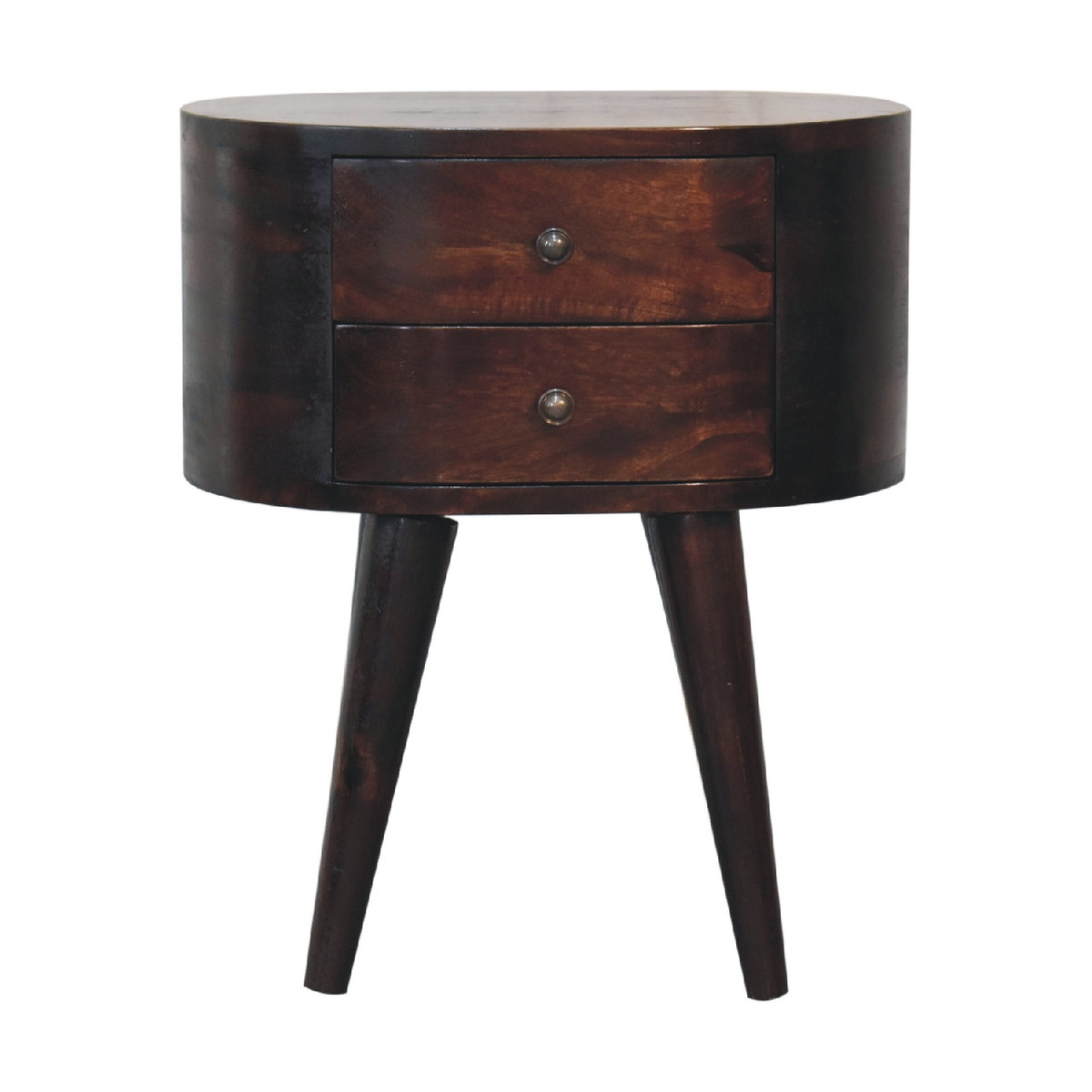 Artisan Furniture Solid Wood Rounded Bedside Table with 2 Mini Drawers – Light Walnut Finish, Brown