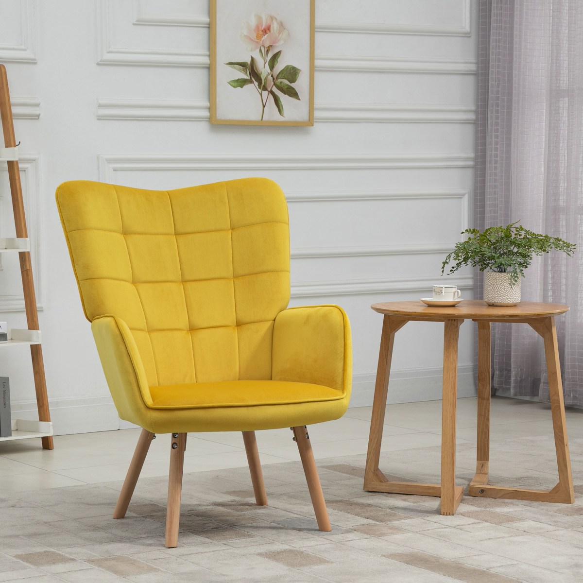 HOMCOM Velvet-Touch Tufted Wingback Accent Armchair with Wooden Legs – Living Room and Bedroom Chair, Yellow