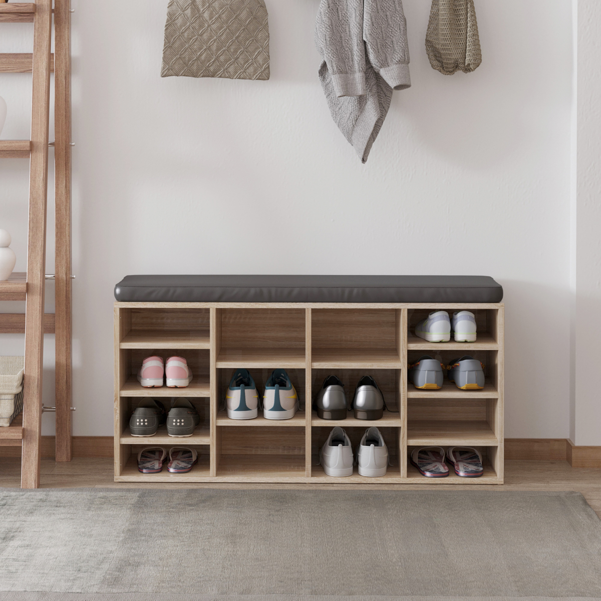 14-Compartment Shoe Rack Bench with Cushion & Adjustable Shelves – Hallway Shoe Storage Seat, Brown