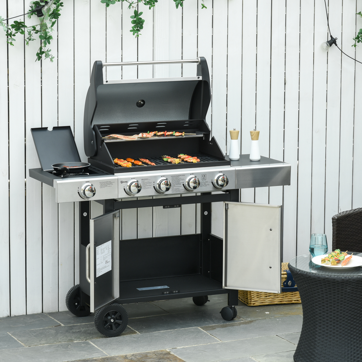 Outsunny 4+1 Burner Stainless Steel Gas BBQ Grill Trolley with Side Burner – Garden Cooking, 128 x 50 x 113cm