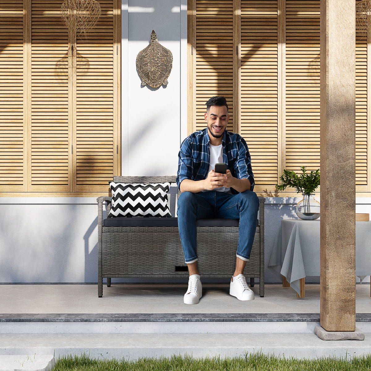 Outsunny 160L Rattan Garden Storage Bench with Cushioned Seat & Pillow Back – 2-in-1 Outdoor Seating, Grey