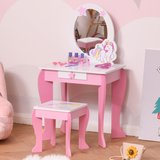 HOMCOM Kids Dressing Table with Mirror and Stool – Unicorn Vanity Set for Girls Aged 3-6, Pink and White