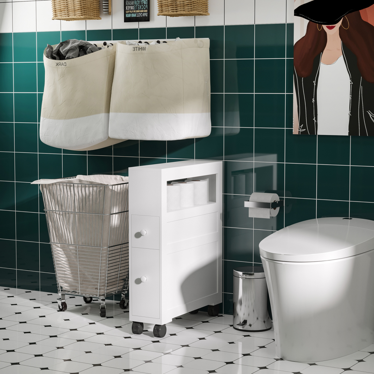 HOMCOM Slim Rolling Bathroom Storage Unit with 2 Drawers – 16cm Wide Space-Saving Trolley