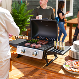 Outsunny Portable Tabletop Gas BBQ Grill with 2 Burners, Lid & Thermometer – Compact Outdoor Barbecue, Black