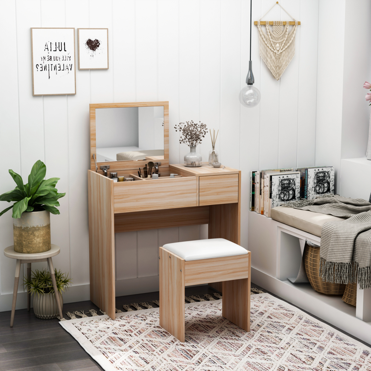 HOMCOM Flip-Top Mirror Dressing Table & Writing Desk with Padded Stool – Hidden Storage