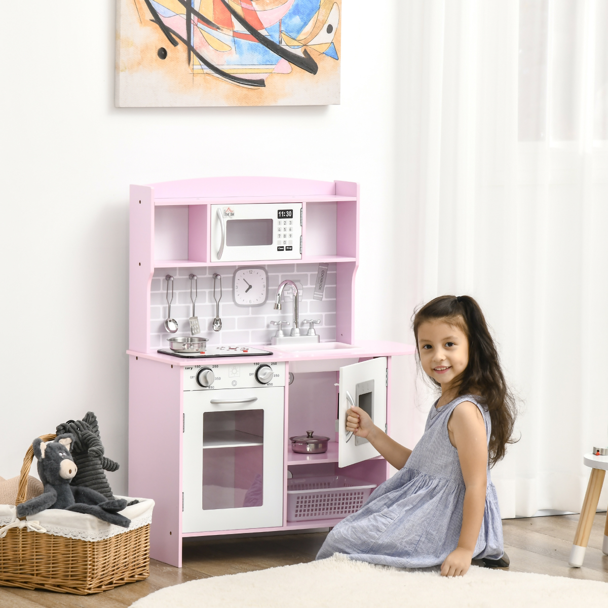 HOMCOM Kids Kitchen Play Set with Lights, Sounds, Microwave, Sink and Storage – Role Play Toy
