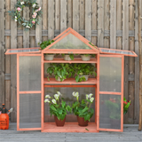 Wooden Mini Greenhouse with 3-Tier Adjustable Shelves & Double Doors – Polycarbonate Garden Plant House, Orange