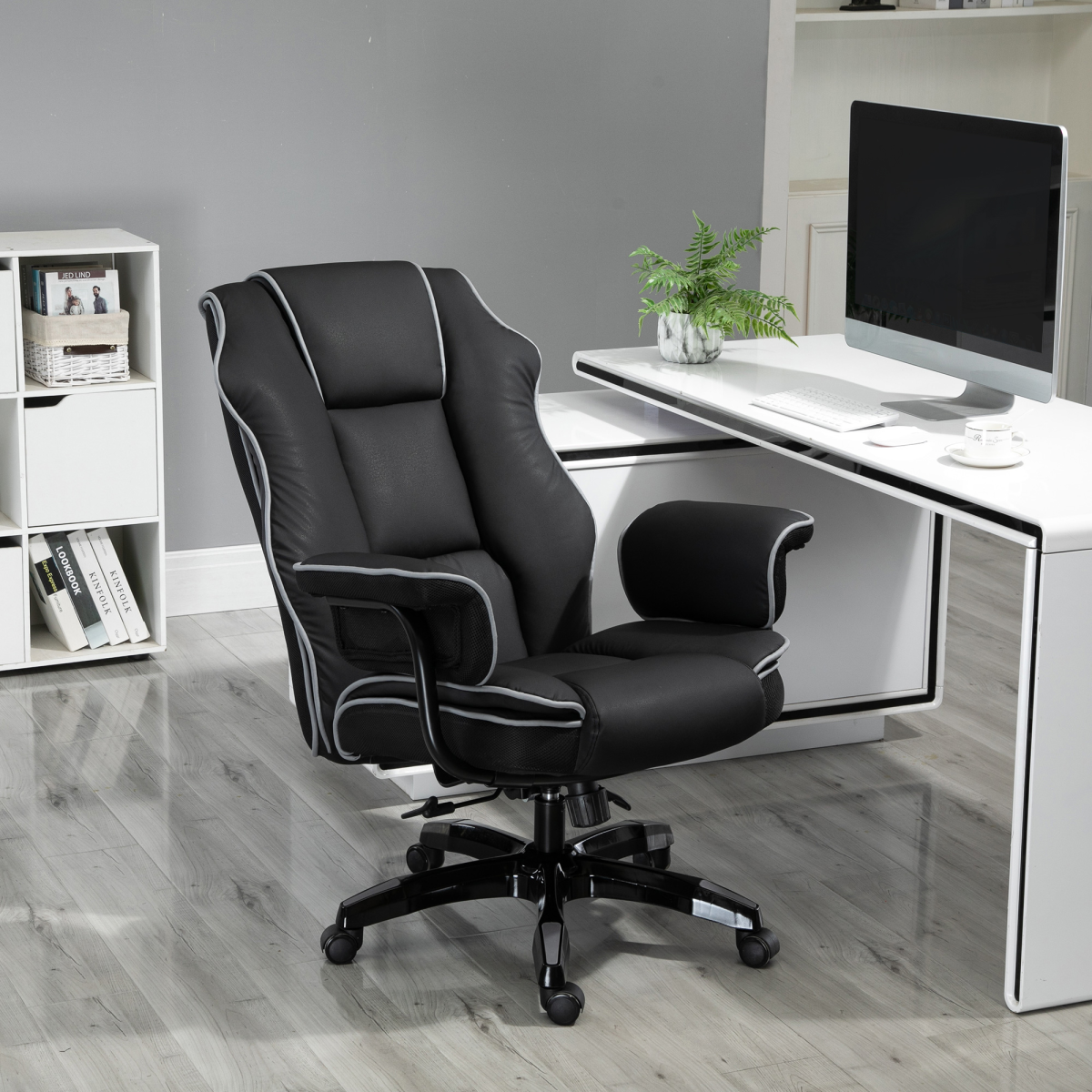 Piped PU Leather High Back Gaming Office Chair with 150° Recline & Rocking Function – Home Office Chair, Black