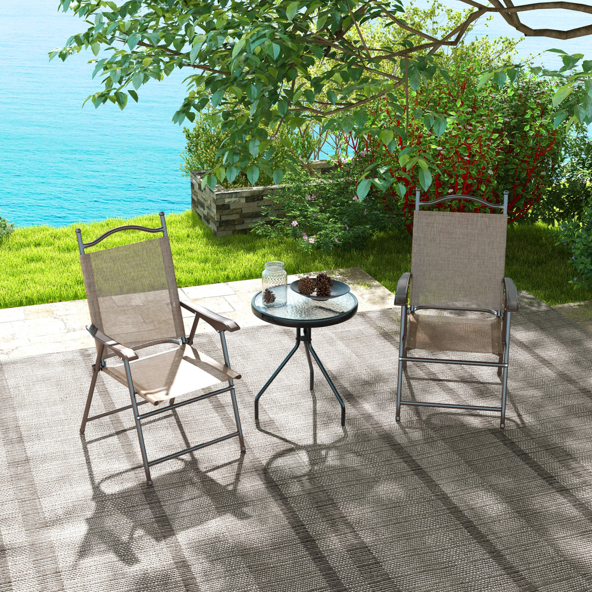 Outsunny Set of 2 Folding Garden Chairs with Breathable Mesh Seats & Powder-Coated Steel Frames, Mixed Brown