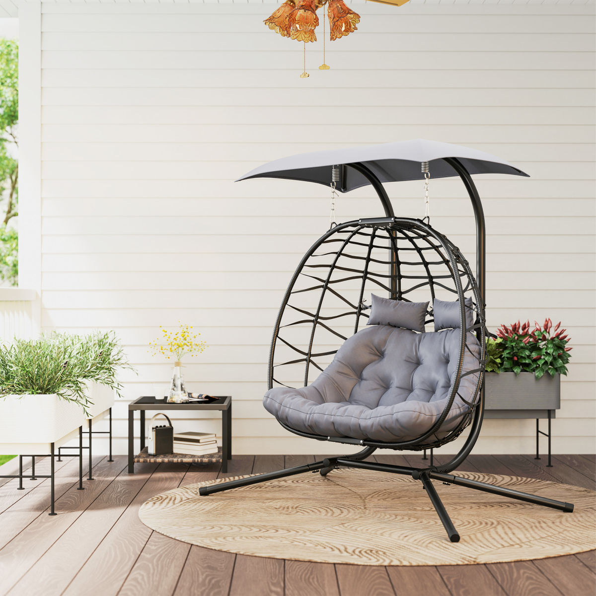 Outsunny Rattan Double Hanging Egg Chair with Canopy and Tufted Cushion – Garden Swing Seat for Two, Black