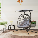 Outsunny Rattan Double Hanging Egg Chair with Canopy and Tufted Cushion – Garden Swing Seat for Two, Black