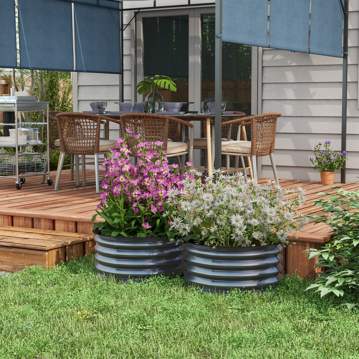 Outsunny Set of 2 Galvanised Steel Raised Garden Beds with Safety Edging – Curved Metal Planter Boxes, Dark Grey