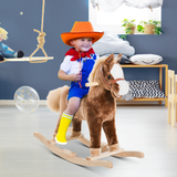 HOMCOM Kids Plush Rocking Horse with Wooden Base and Metal Frame – Ride-On Rocker Toy, Birthday Gift