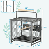 Wrought Iron Bird Cage with 4 Access Doors, Wooden Perch & Removable Tray – Portable Metal Cage with 2 Stainless Steel Bowls, Black