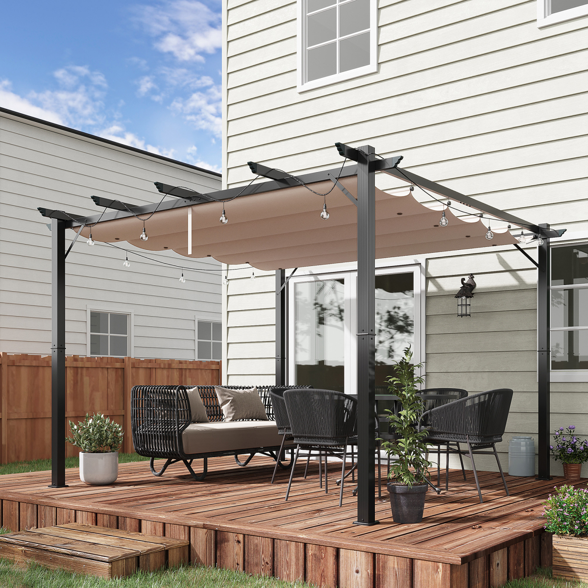 Outsunny 3m x 3m Aluminium Pergola Gazebo with Retractable Canopy – Garden Sun Shade Shelter, Brown/Black