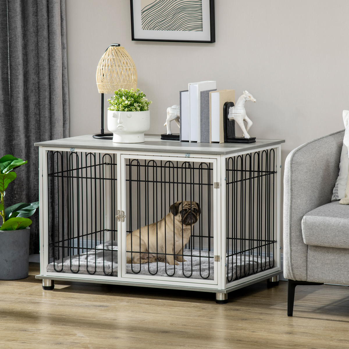 PawHut Dog Crate Furniture End Table with Washable Cushion and Lockable Door – Small to Medium Dogs
