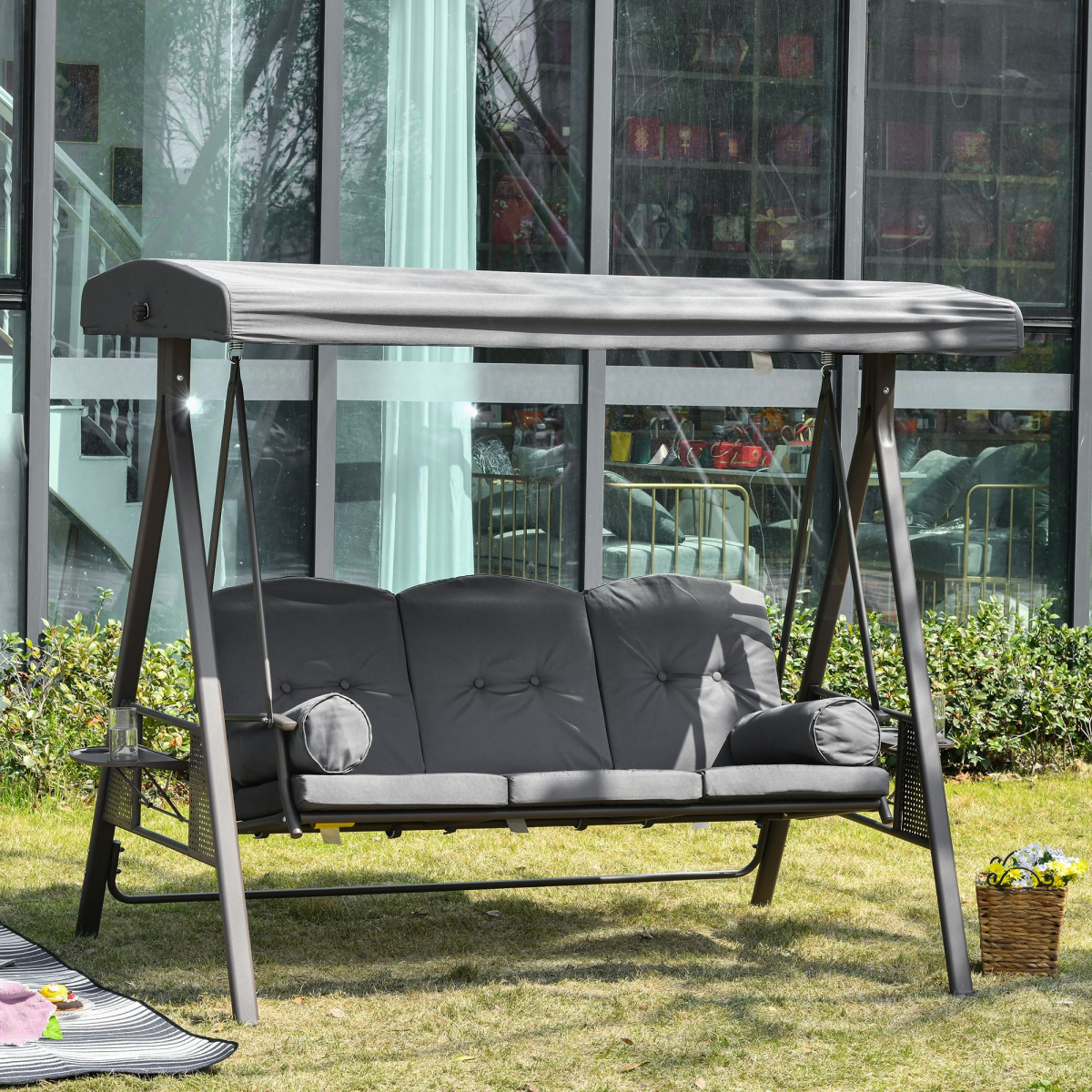 Outsunny Heavy Duty Steel 3 Seater Garden Swing Chair with Canopy & Cushions – Patio Furniture