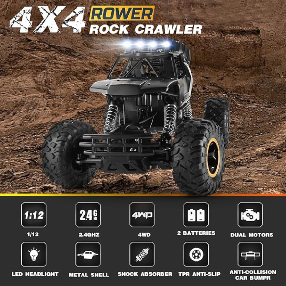 4DRC 1:12 Rock Crawler RC Off-Road Truck, 4WD with Metal Shell, LED Headlights & 2 Rechargeable Batteries