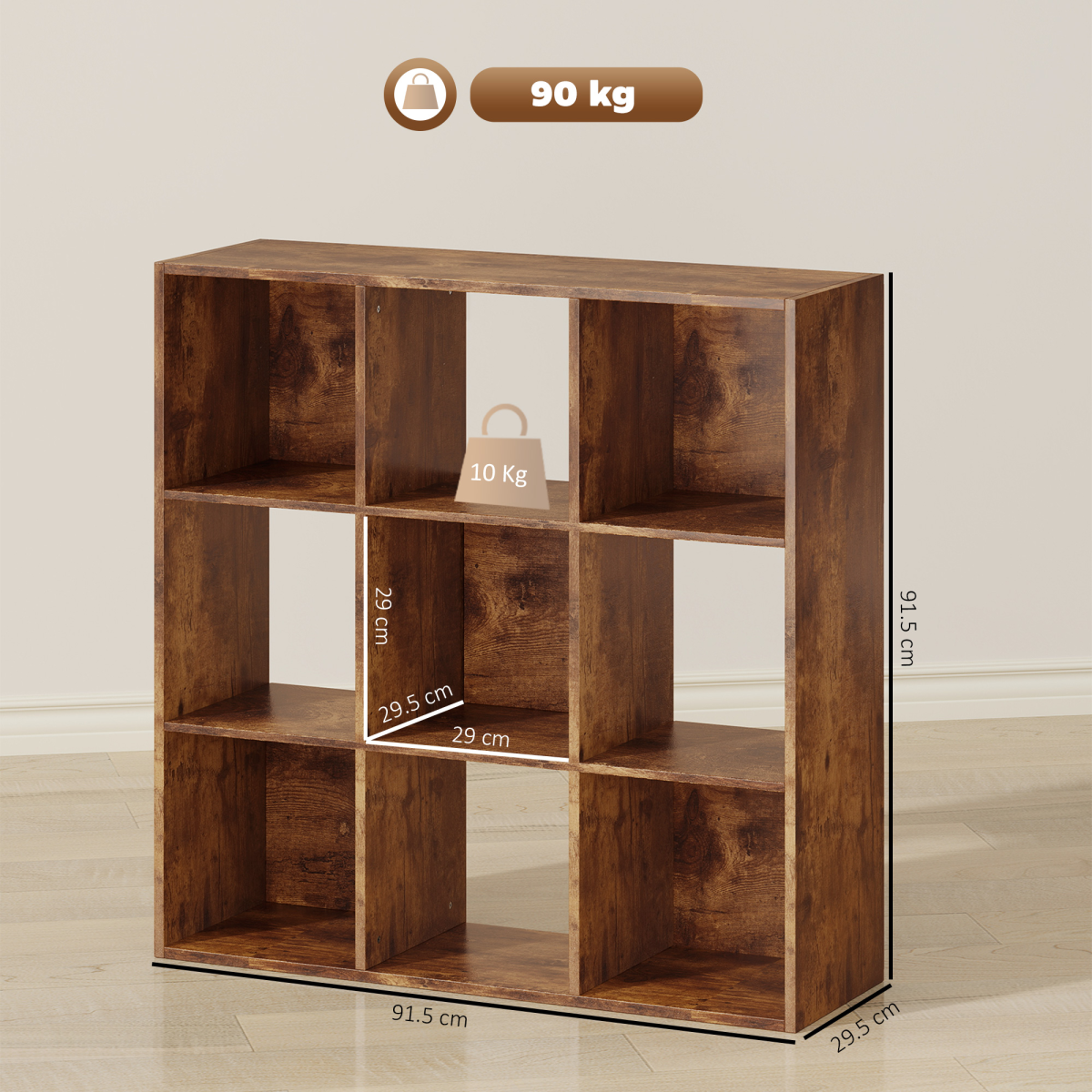 9-Cube Bookcase Storage Cabinet – Cube Shelving Unit for Living Room and Office, 91.5 x 91.5cm, Rustic Brown