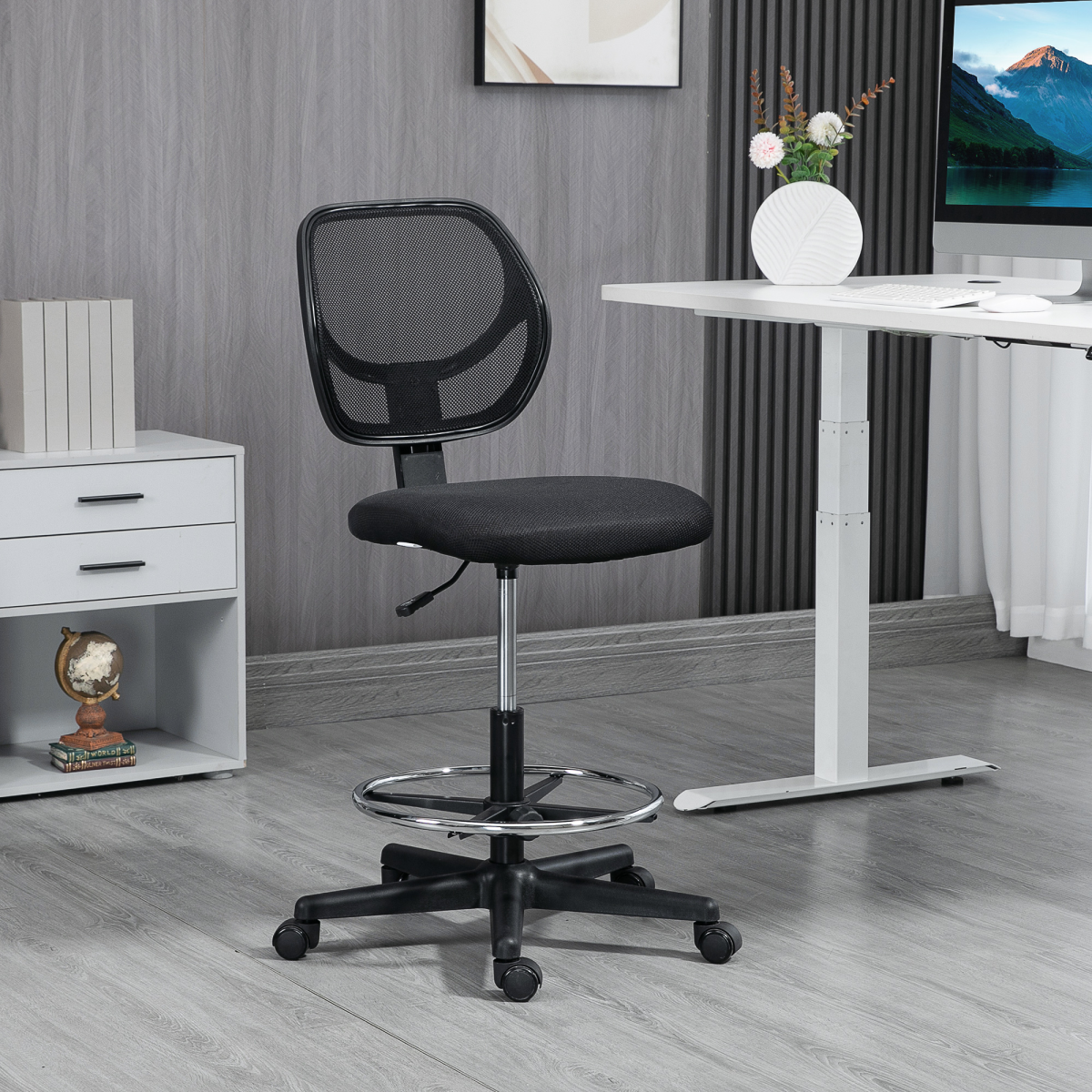 Vinsetto Tall Draughtsman Chair with Footrest Ring & Mesh Back – Drafting Stool for Standing Desks, Black