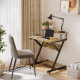 HOMCOM R-Shaped Computer Desk with Monitor Shelf and Storage Shelf, Metal Frame – Brown