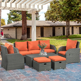 Outsunny 6-Piece Padded Rattan Garden Sofa Set with 3-Seater Sofa, 2 Reclining Armchairs, 2 Footstools & Table – Orange