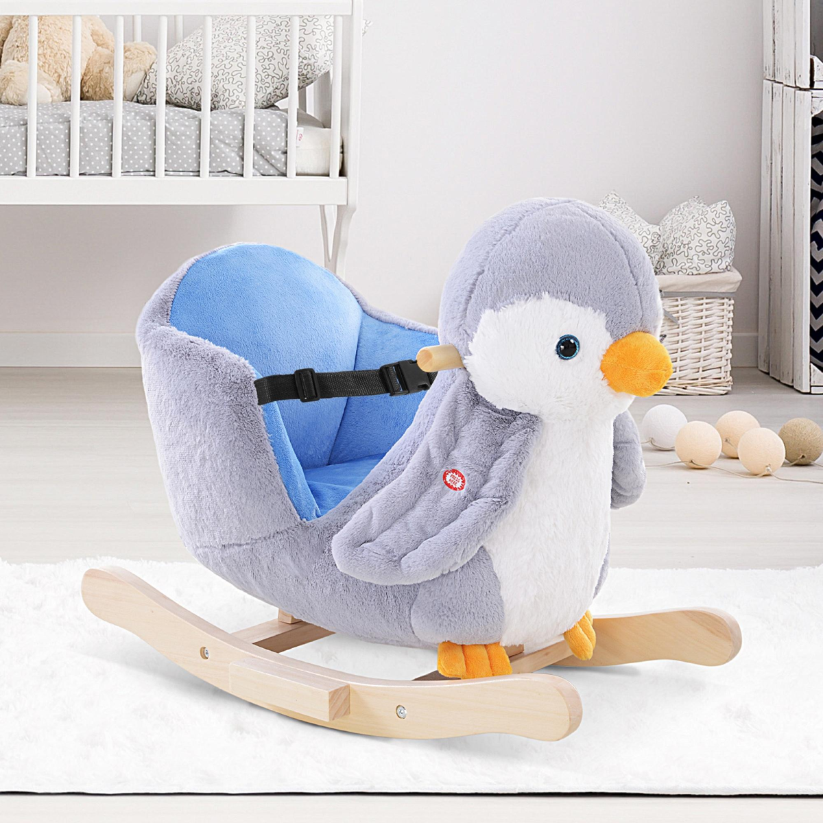 HOMCOM Baby Rocking Penguin with Plush Seat & 32-Song Musical Button – Wooden Ride-On Toy for 18 Months+