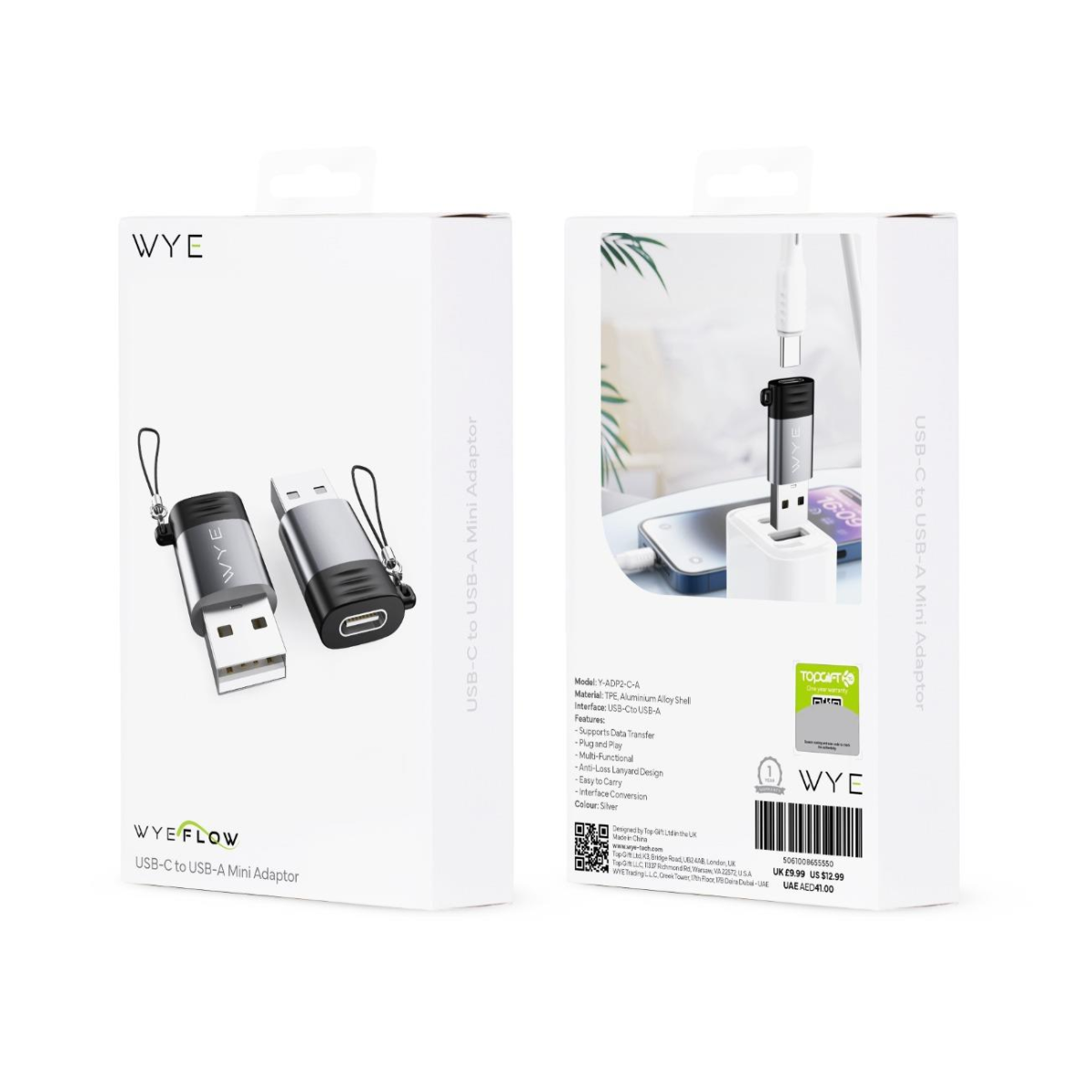 WYEFLOW USB-C to USB-A Mini Adaptor with Anti-Loss Lanyard – Plug and Play Data Transfer, Silver